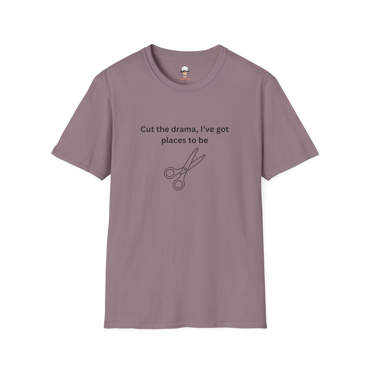 “Cut the drama, I’ve got places to be” T‑Shirt — Scissors Graphic
