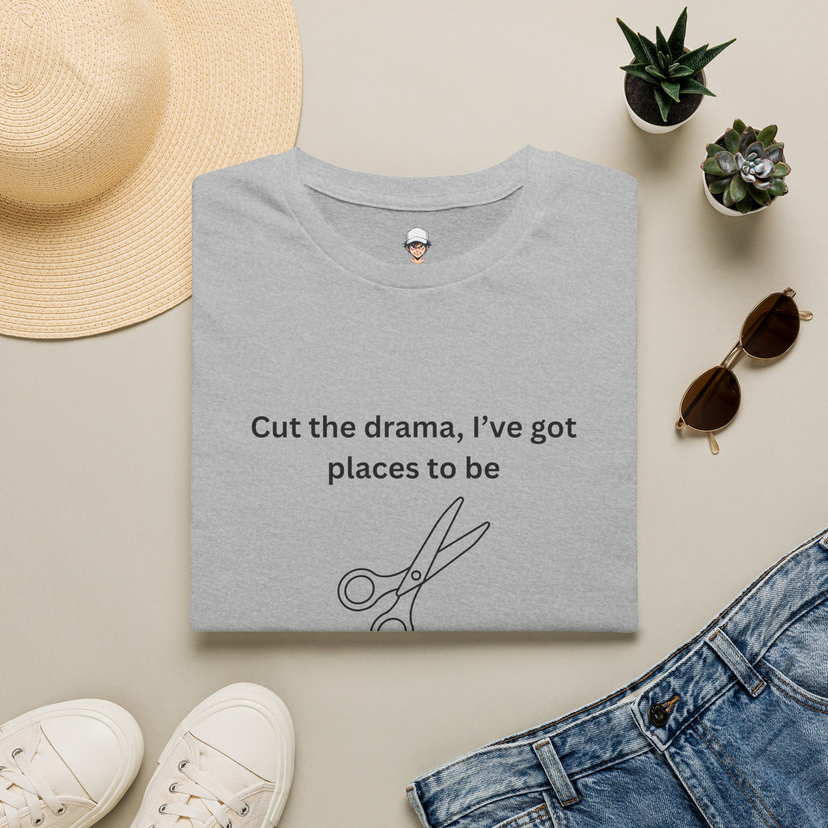 “Cut the drama, I’ve got places to be” T‑Shirt — Scissors Graphic
