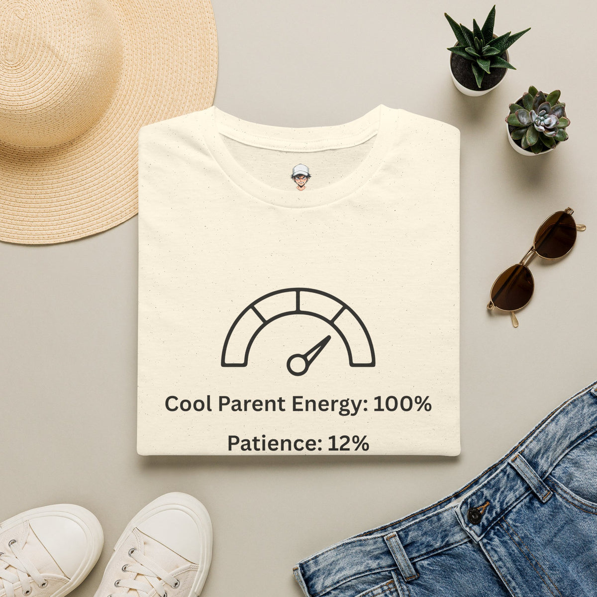 Parent Humor T‑Shirt — "Cool Parent Energy: 100% / Patience: 12%" Gauge Tee
