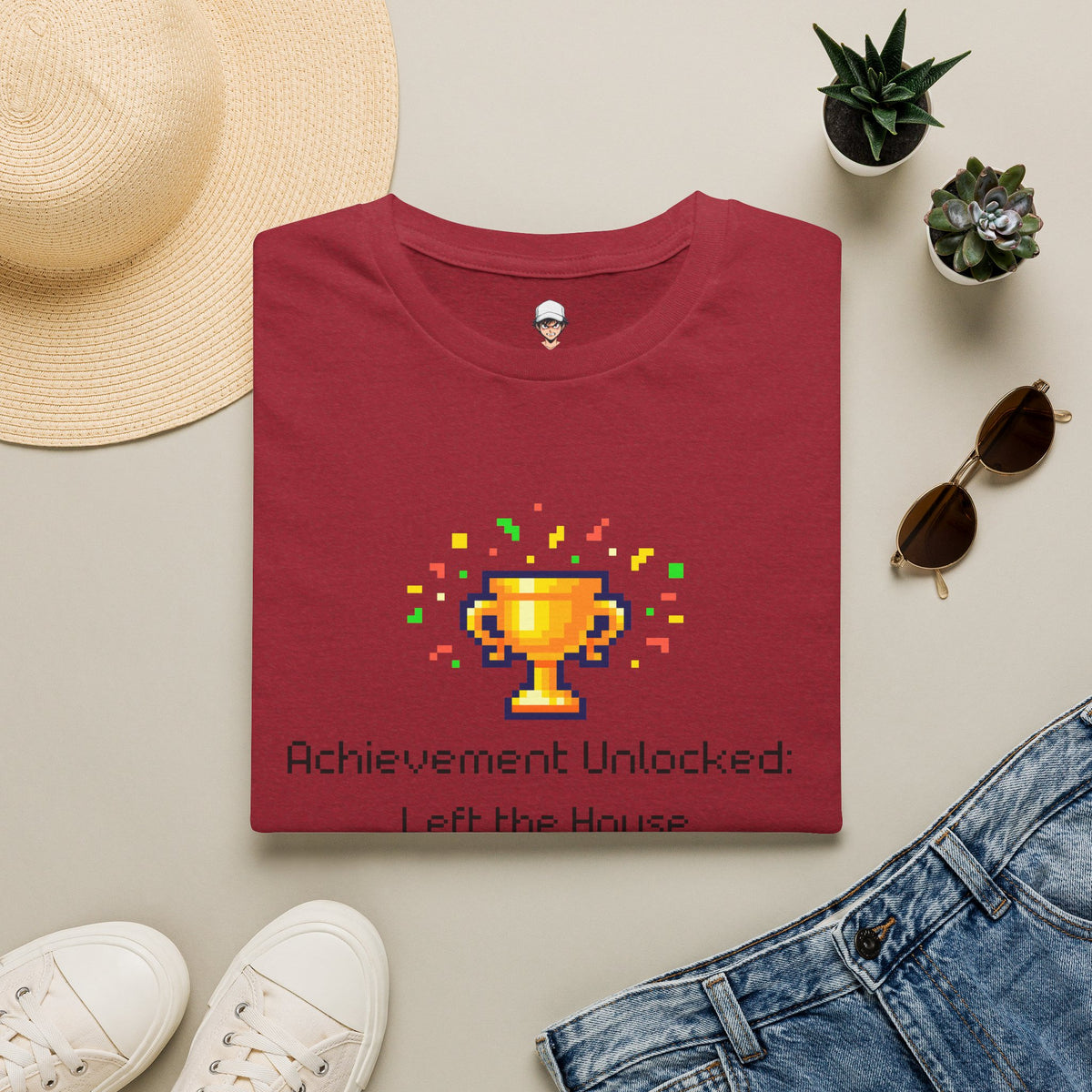 Achievement Unlocked: Left the House - Pixel Trophy Graphic