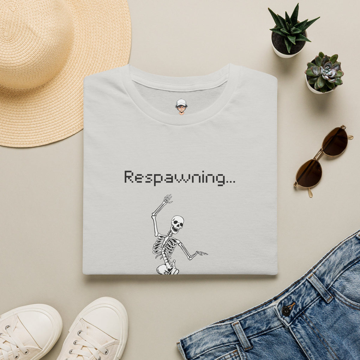 Respawning Skeleton T‑Shirt — Gamer Humorous Retro Pixel Loading Tee