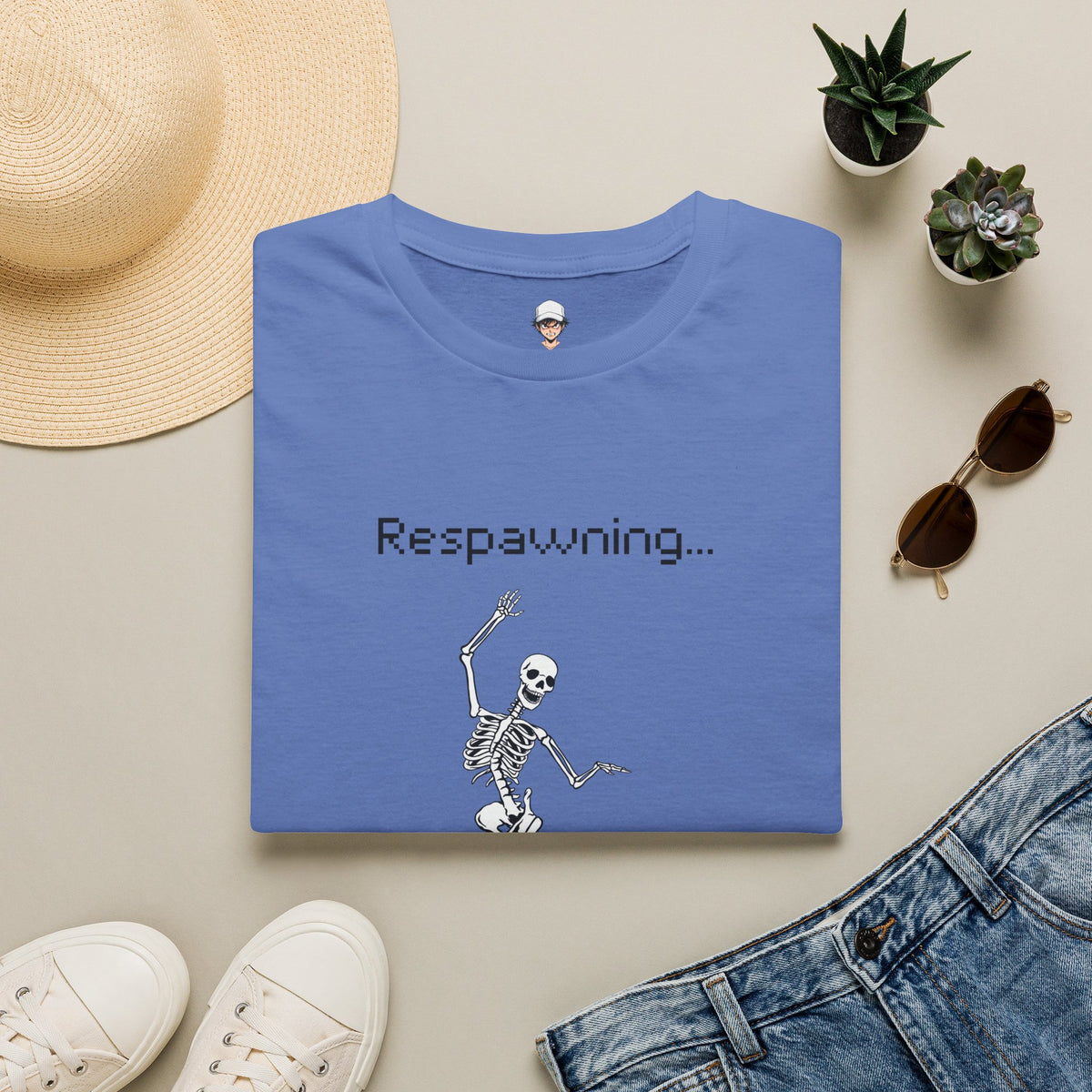 Respawning Skeleton T‑Shirt — Gamer Humorous Retro Pixel Loading Tee