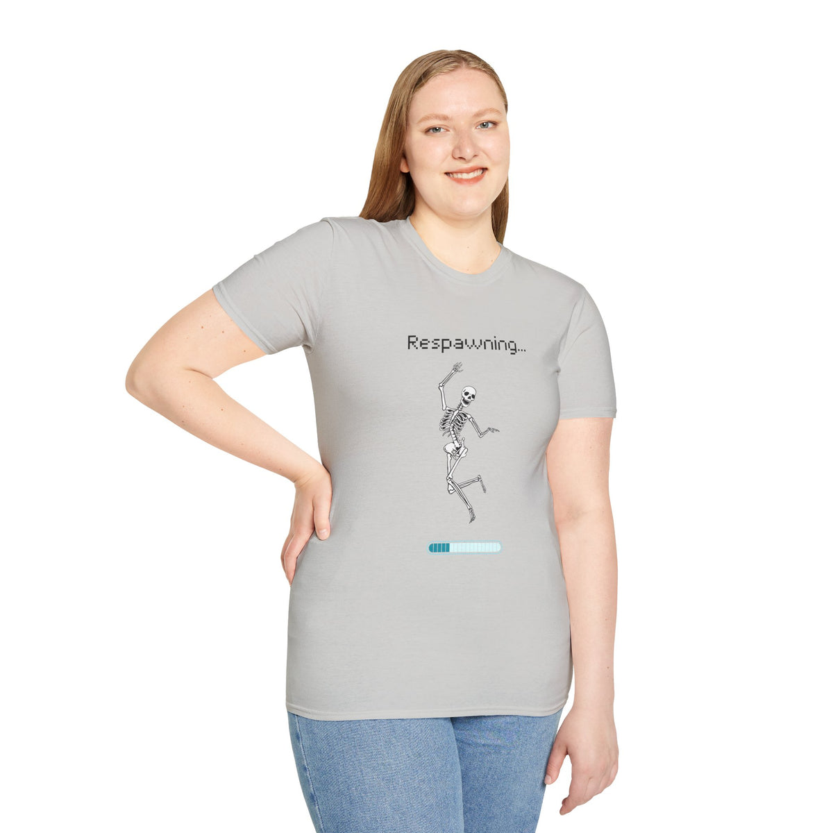 Respawning Skeleton T‑Shirt — Gamer Humorous Retro Pixel Loading Tee