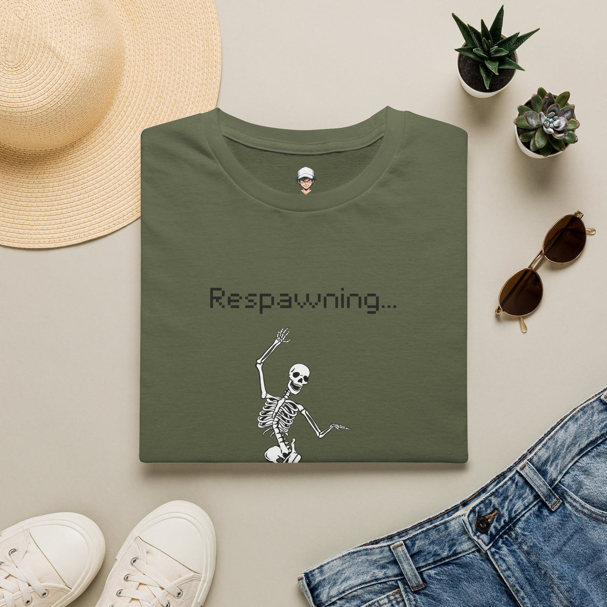 Respawning Skeleton T‑Shirt — Gamer Humorous Retro Pixel Loading Tee