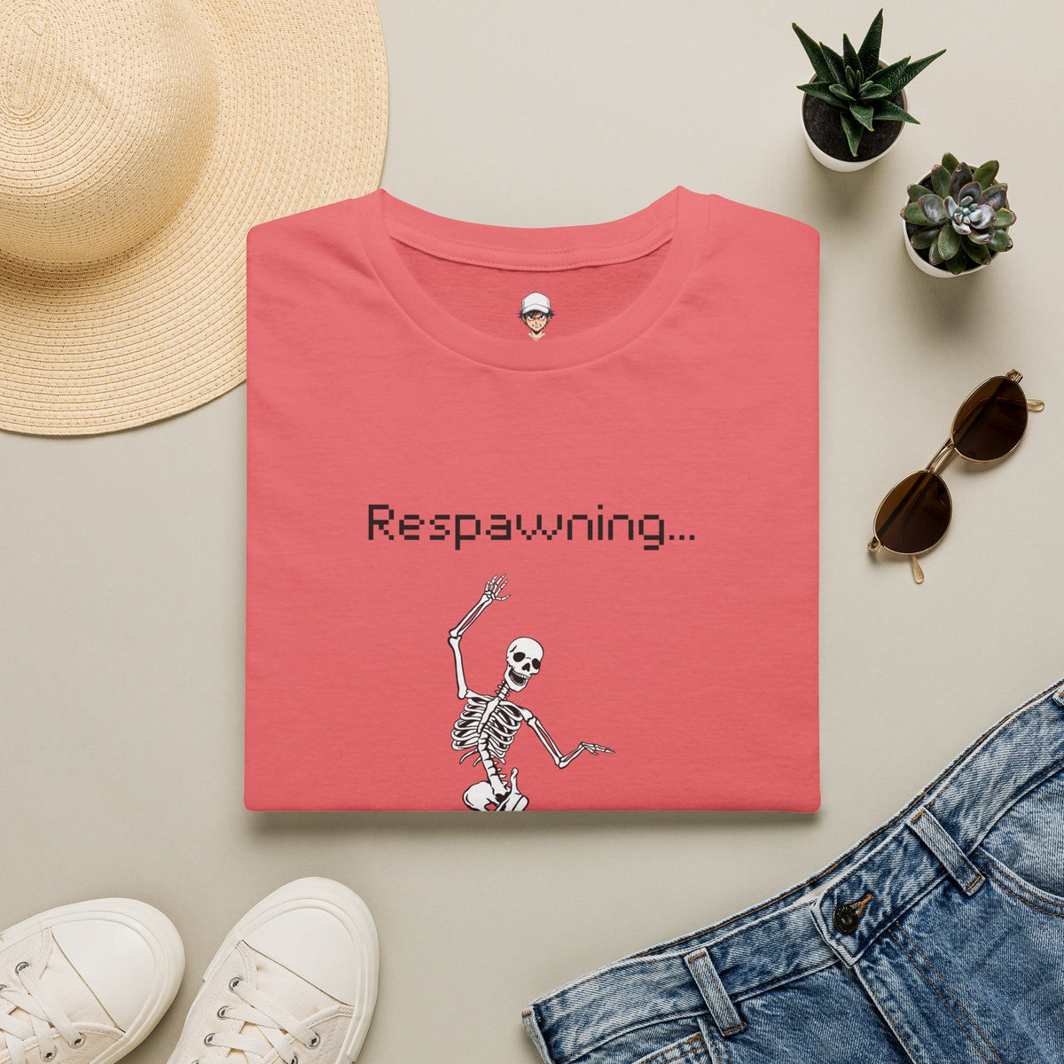Respawning Skeleton T‑Shirt — Gamer Humorous Retro Pixel Loading Tee