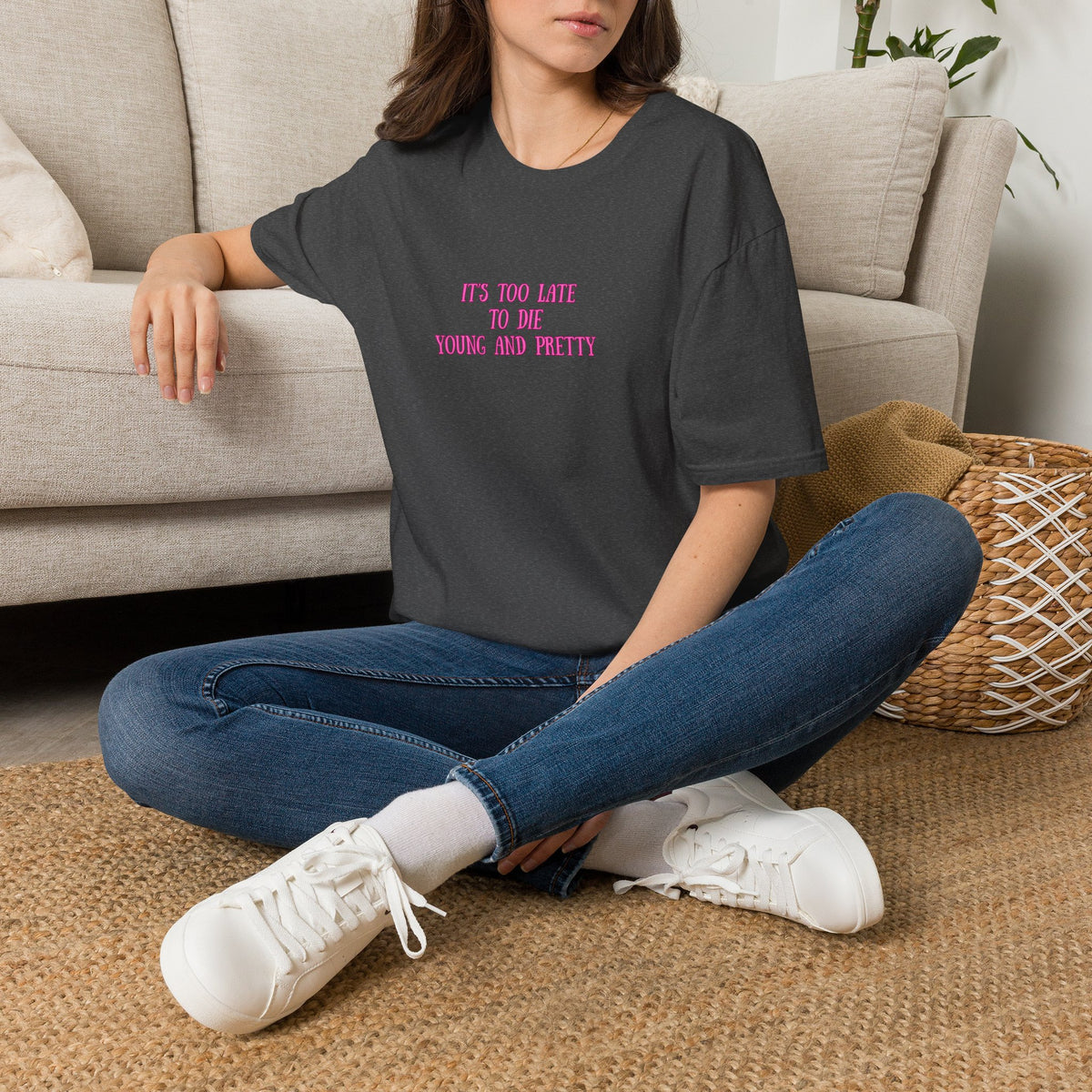 "It's Too Late to Die Young and Pretty" Pink Retro Slogan Tee