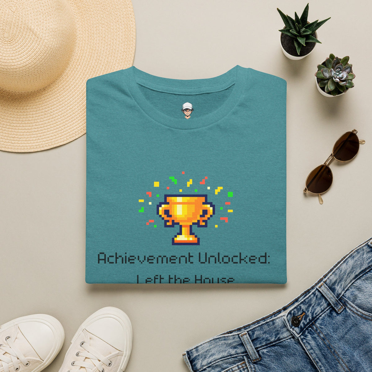 Achievement Unlocked: Left the House - Pixel Trophy Graphic