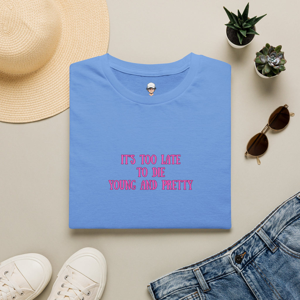 "It's Too Late to Die Young and Pretty" Pink Retro Slogan Tee