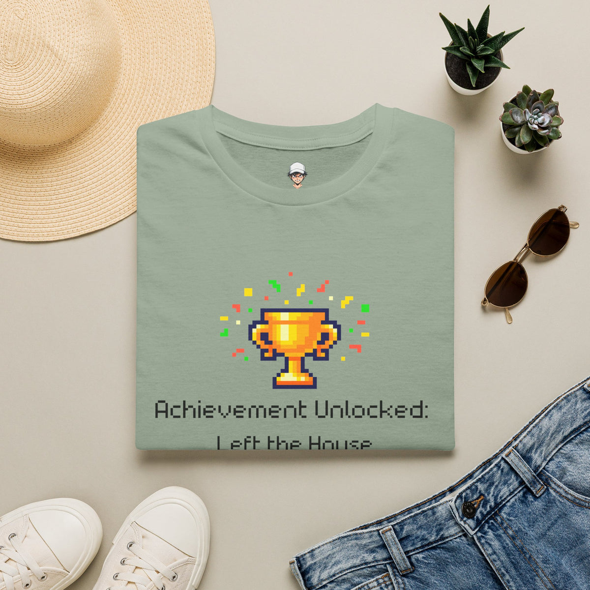 Achievement Unlocked: Left the House - Pixel Trophy Graphic