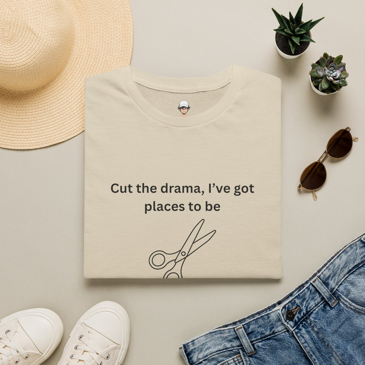 “Cut the drama, I’ve got places to be” T‑Shirt — Scissors Graphic