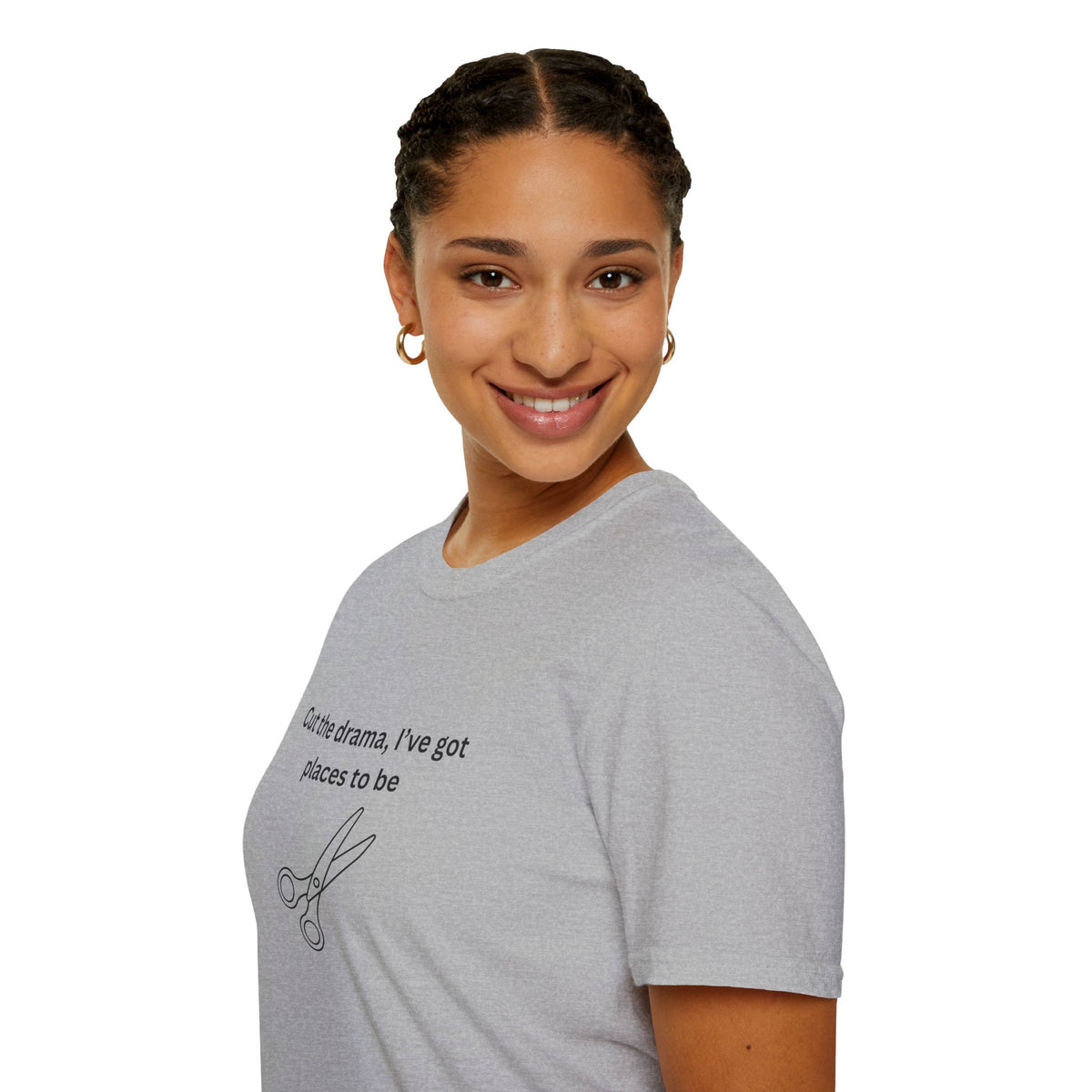 “Cut the drama, I’ve got places to be” T‑Shirt — Scissors Graphic