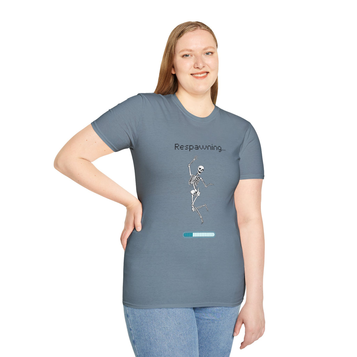 Respawning Skeleton T‑Shirt — Gamer Humorous Retro Pixel Loading Tee