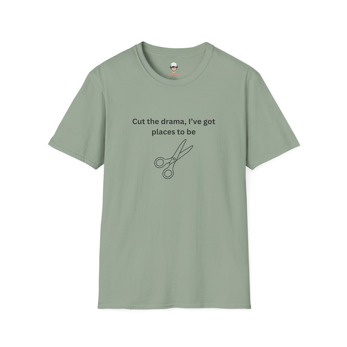 “Cut the drama, I’ve got places to be” T‑Shirt — Scissors Graphic