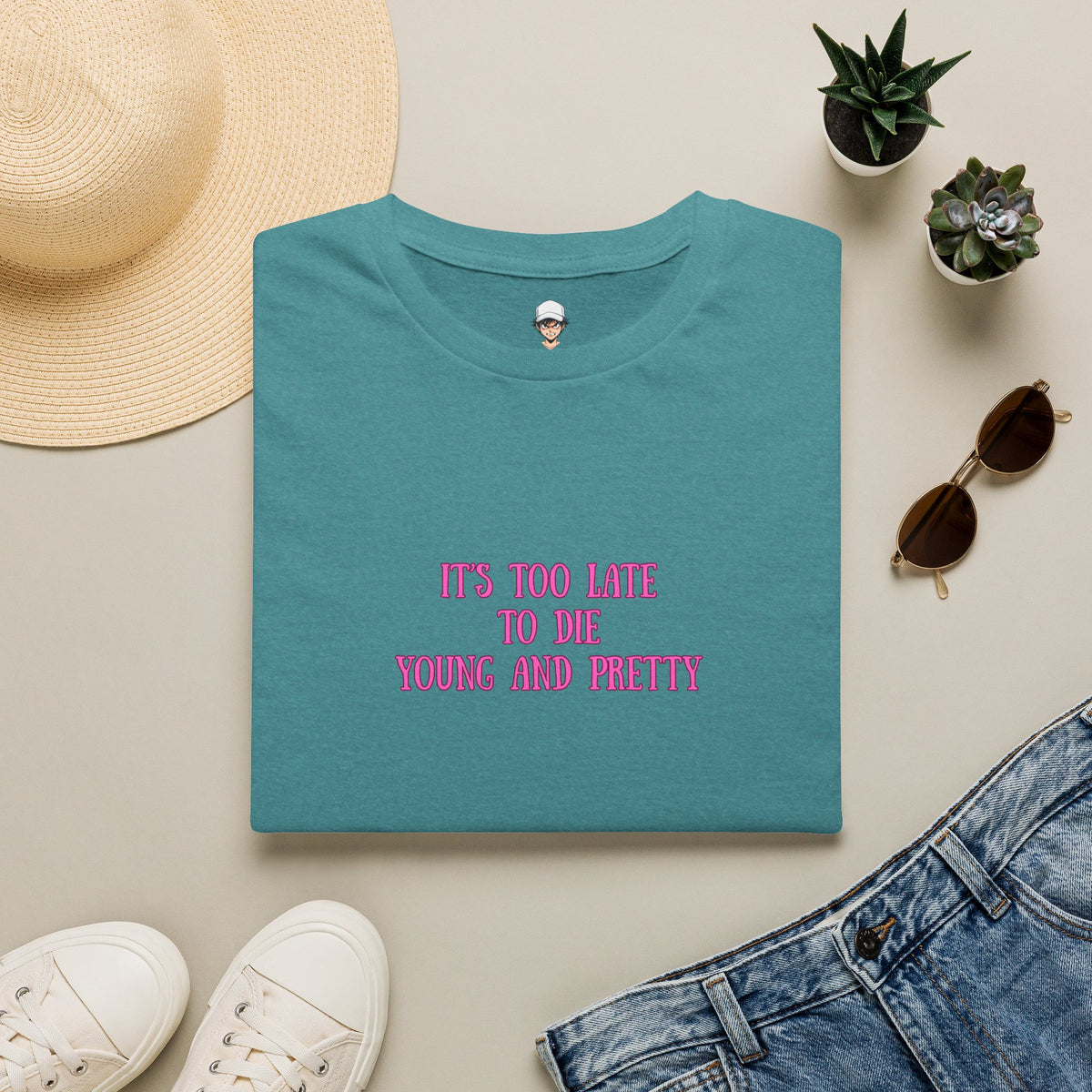 "It's Too Late to Die Young and Pretty" Pink Retro Slogan Tee