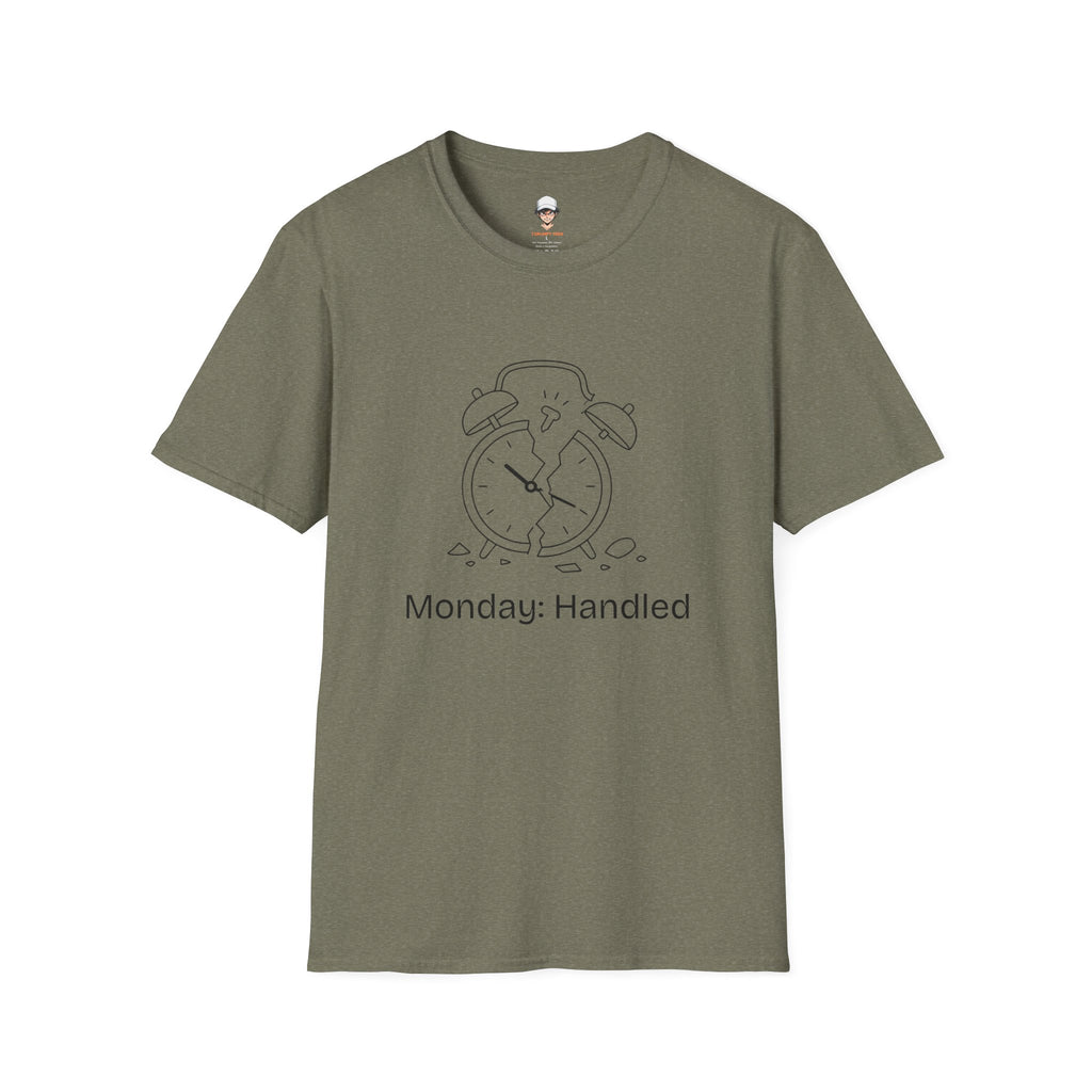 Monday Handled T-Shirt — Funny Broken Alarm Clock Tee for Workweek Vibes