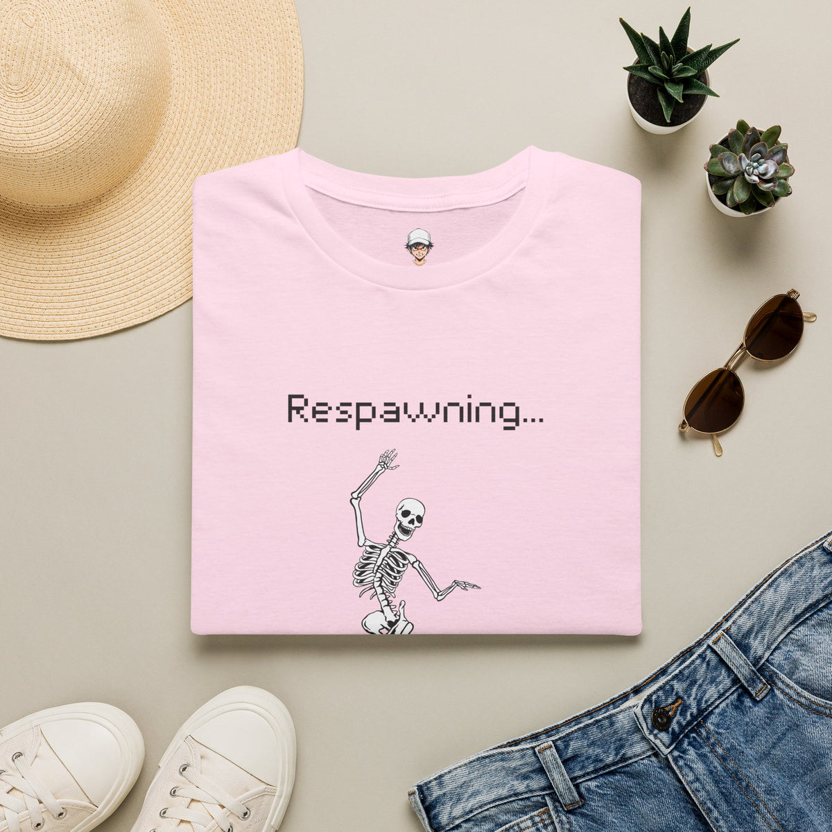 Respawning Skeleton T‑Shirt — Gamer Humorous Retro Pixel Loading Tee