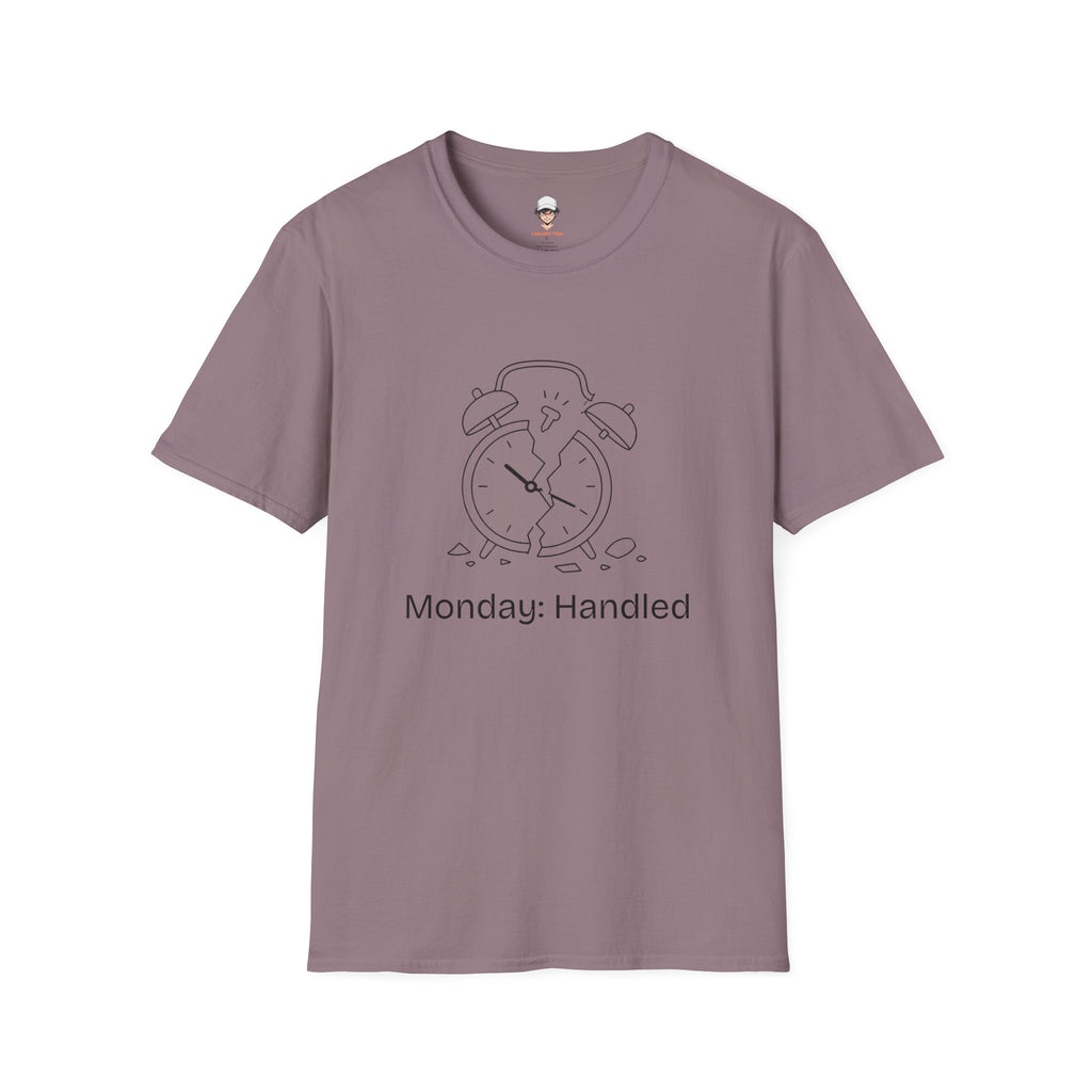 Monday Handled T-Shirt — Funny Broken Alarm Clock Tee for Workweek Vibes