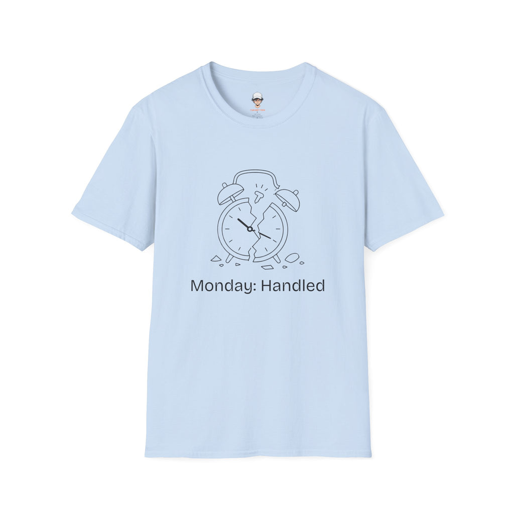 Monday Handled T-Shirt — Funny Broken Alarm Clock Tee for Workweek Vibes