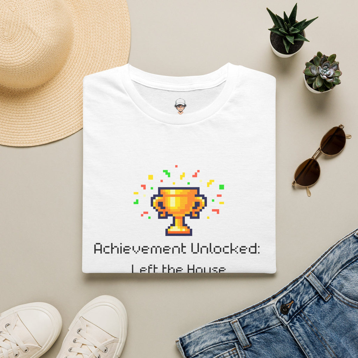 Achievement Unlocked: Left the House - Pixel Trophy Graphic
