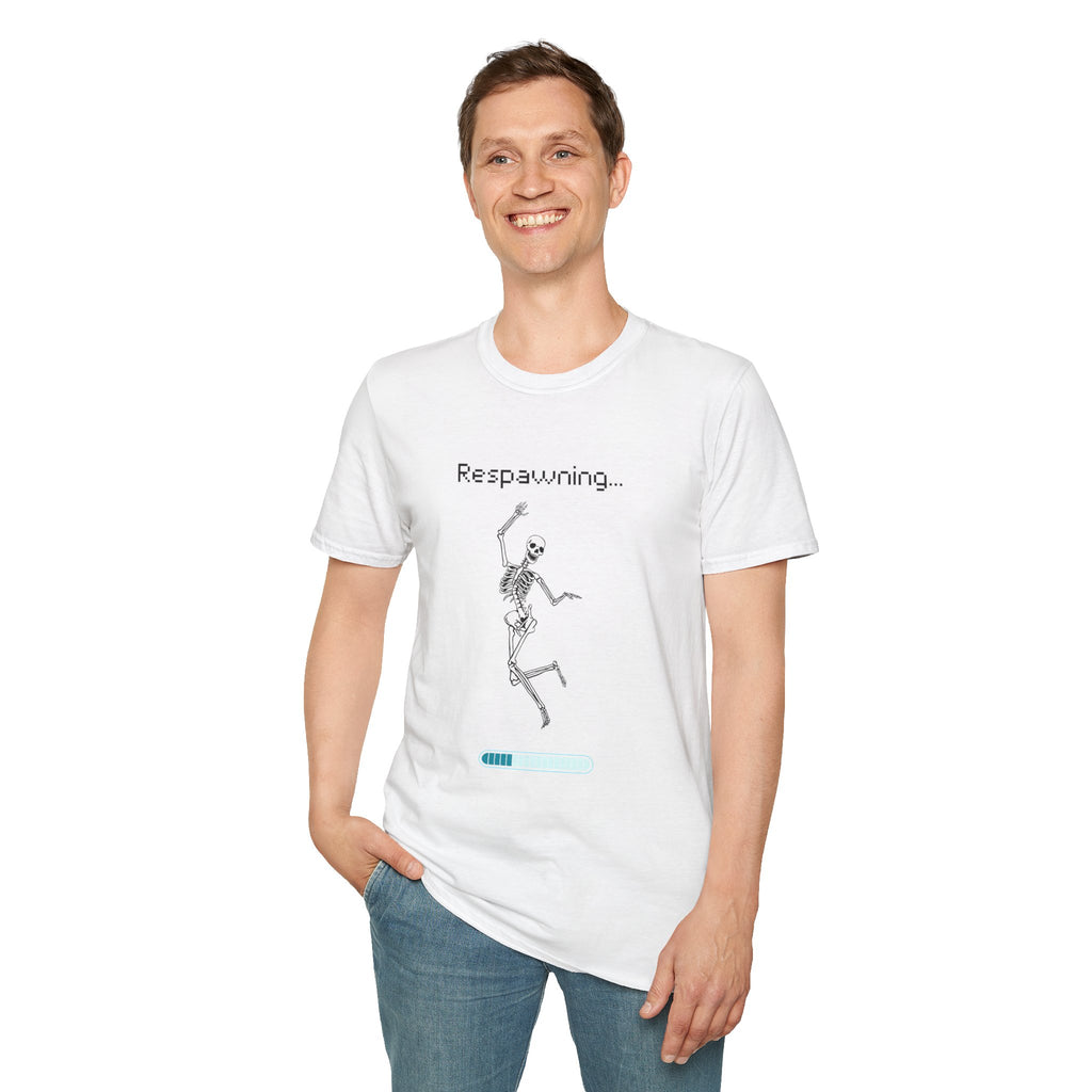 Respawning Skeleton T‑Shirt — Gamer Humorous Retro Pixel Loading Tee