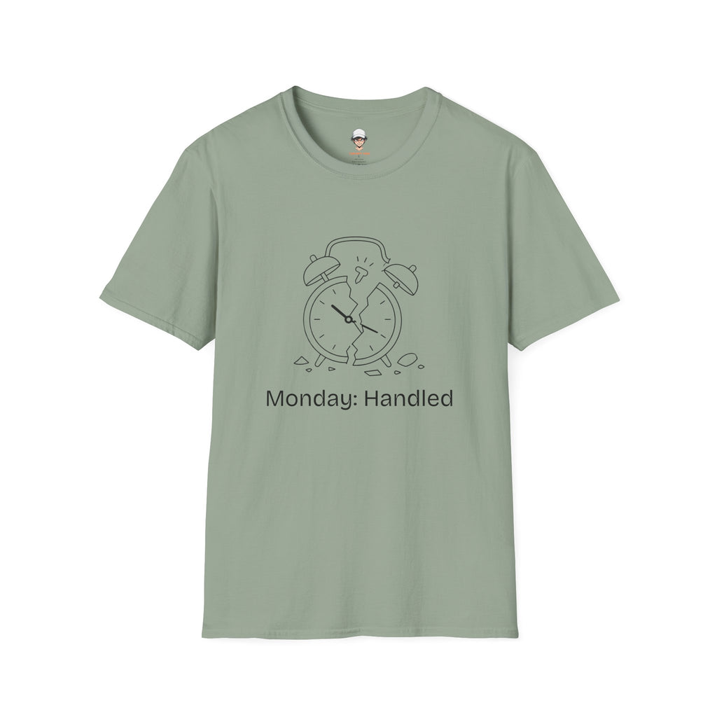 Monday Handled T-Shirt — Funny Broken Alarm Clock Tee for Workweek Vibes