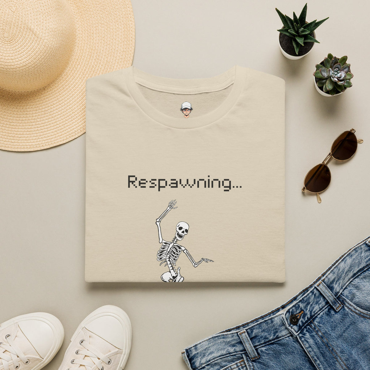 Respawning Skeleton T‑Shirt — Gamer Humorous Retro Pixel Loading Tee