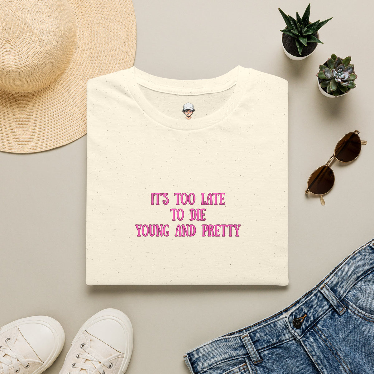 "It's Too Late to Die Young and Pretty" Pink Retro Slogan Tee