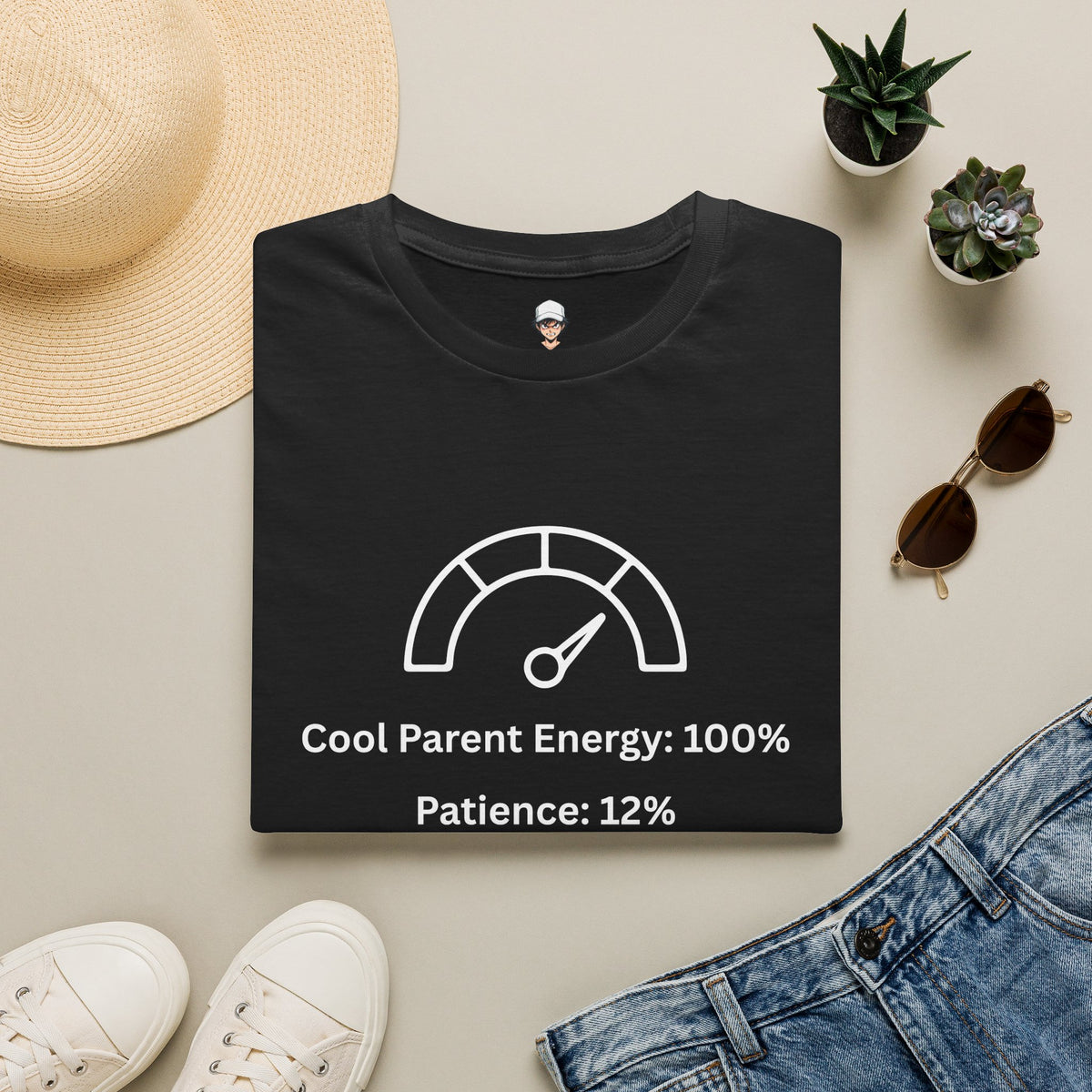 Parent Humor T‑Shirt — "Cool Parent Energy: 100% / Patience: 12%" Gauge Tee