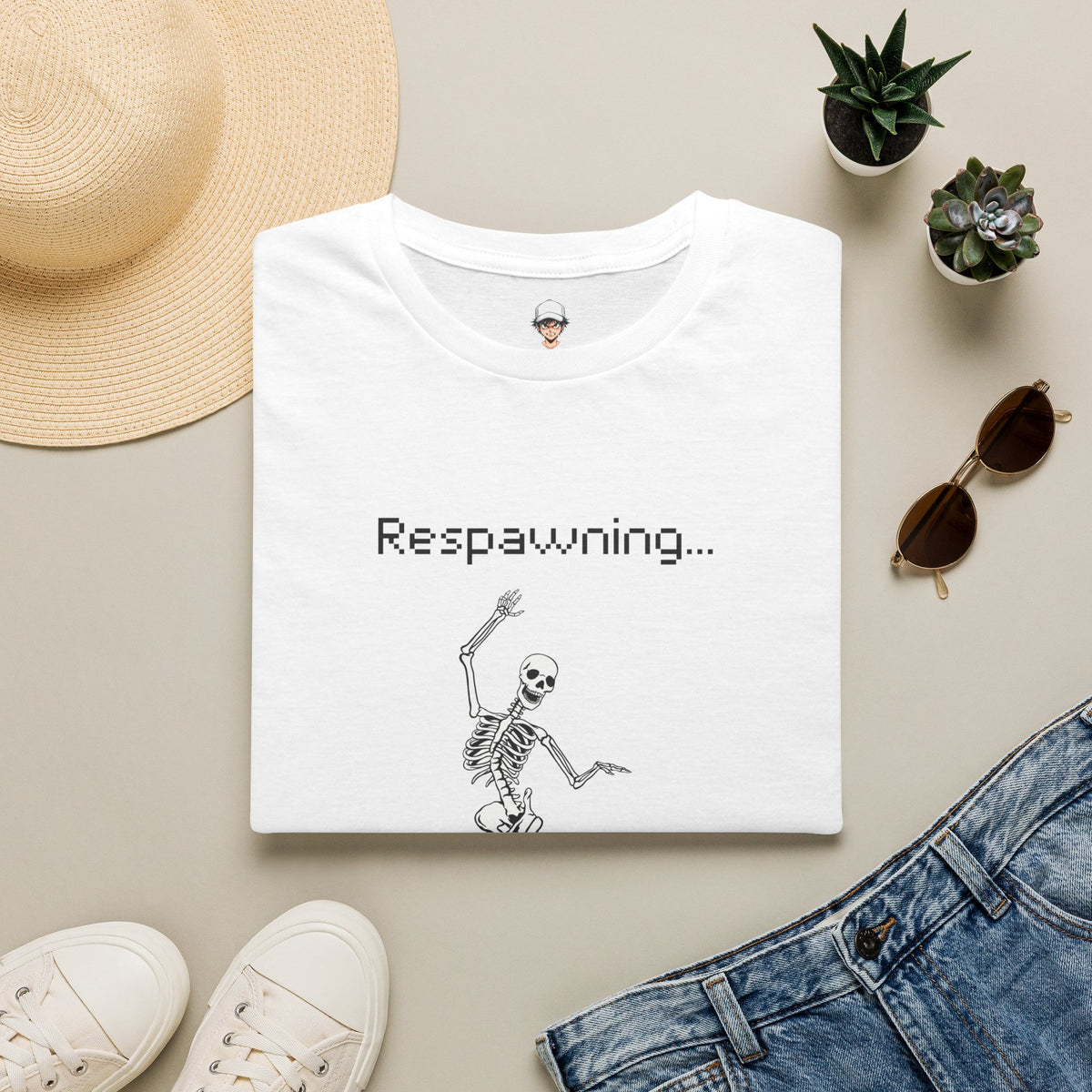 Respawning Skeleton T‑Shirt — Gamer Humorous Retro Pixel Loading Tee