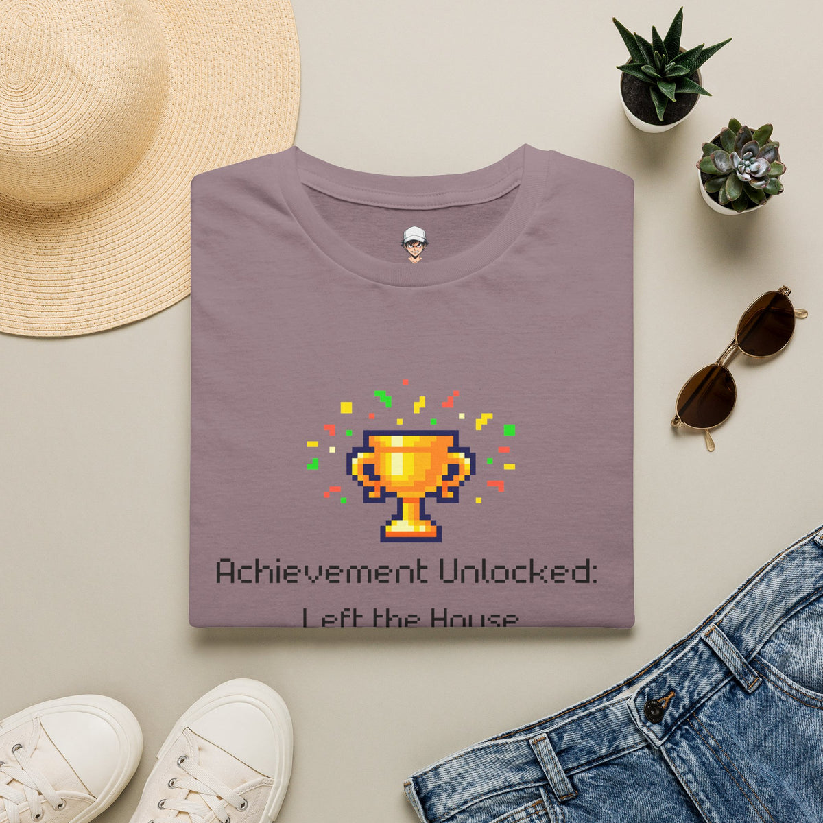 Achievement Unlocked: Left the House - Pixel Trophy Graphic